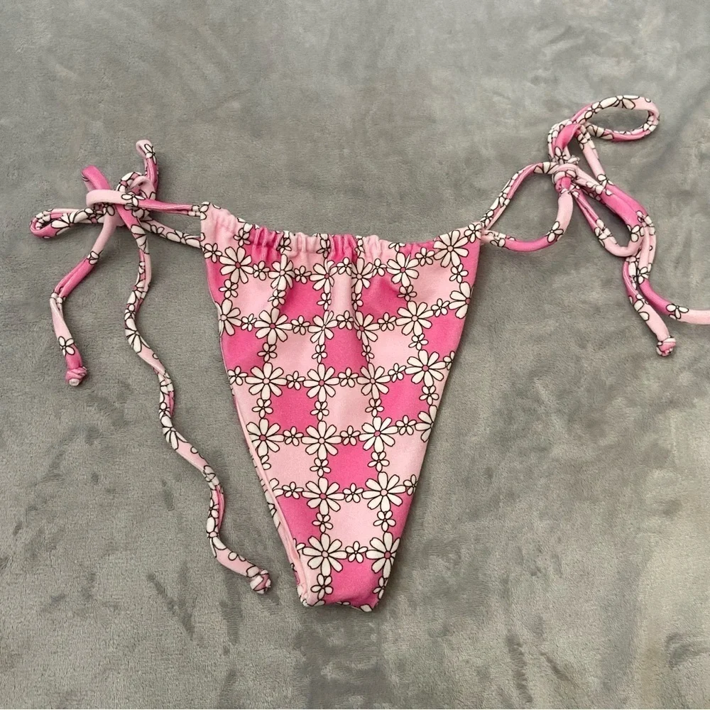 New! Frankie’s bikinis Tia Terry String Bikini Bottom Pink Daisy 24070
